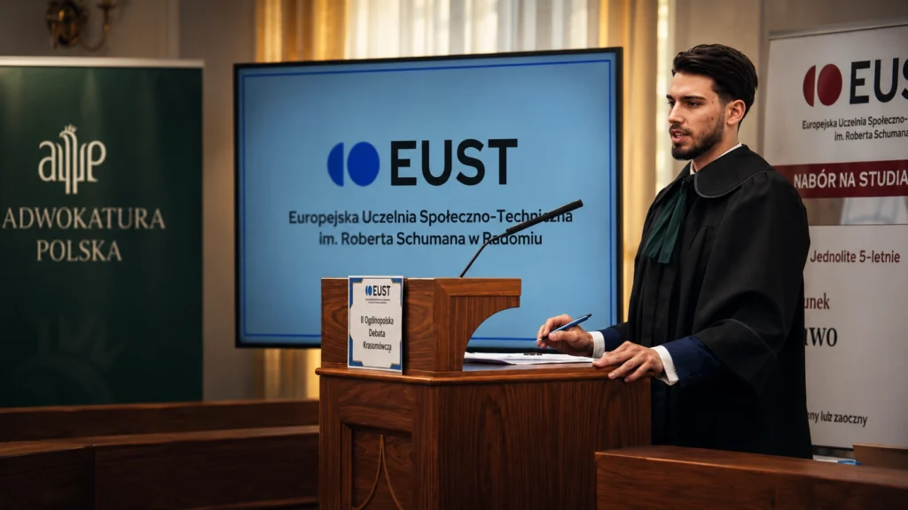 Mężczyzna w todze przemawia przy drewnianej mównicy podczas debaty krasomówczej EUST, w sali z elementami nawiązującymi do prawa i adwokatury.